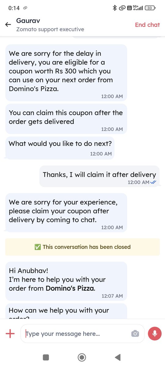 anuagar28's tweet photo. @zomatocare @zomato my order of  pizza was delivered 2 hours late and meanwhile I was promised a coupon of 300 rs after the order gets delivered but guess what - no coupon was provided after the order delivery.....why this cheating with me ...attaching the screenshot of chat https://t.co/052gGgfyl5