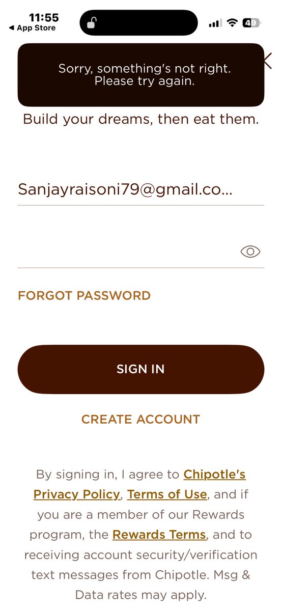 SRaisoni44745's tweet photo. @ChipotleTweets I’m having a hard time accessing my chipotle account. https://t.co/qcLhlF6Ukv