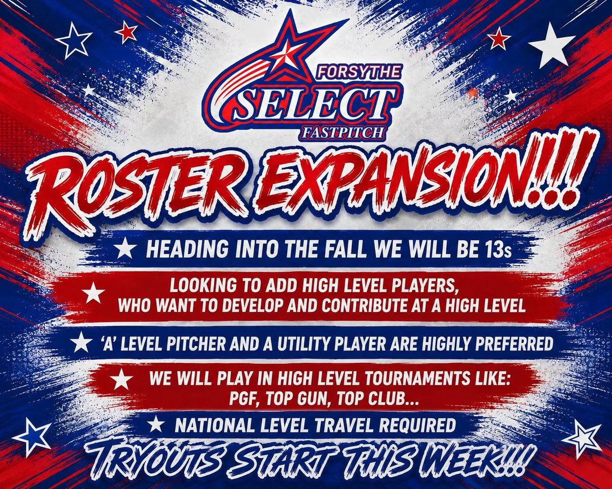 SelectForsythe's tweet photo. Fresh off a Top 6 Finish 12u National Power Pool. We are looking to grow our family. Athletes who are already playing at a high level and are dedicated to working outside of practice. Athletes who push and want to be pushed to be better. Link to tryouts:

https://t.co/uA1eQ7eBh3 https://t.co/tJBiMOs7yY