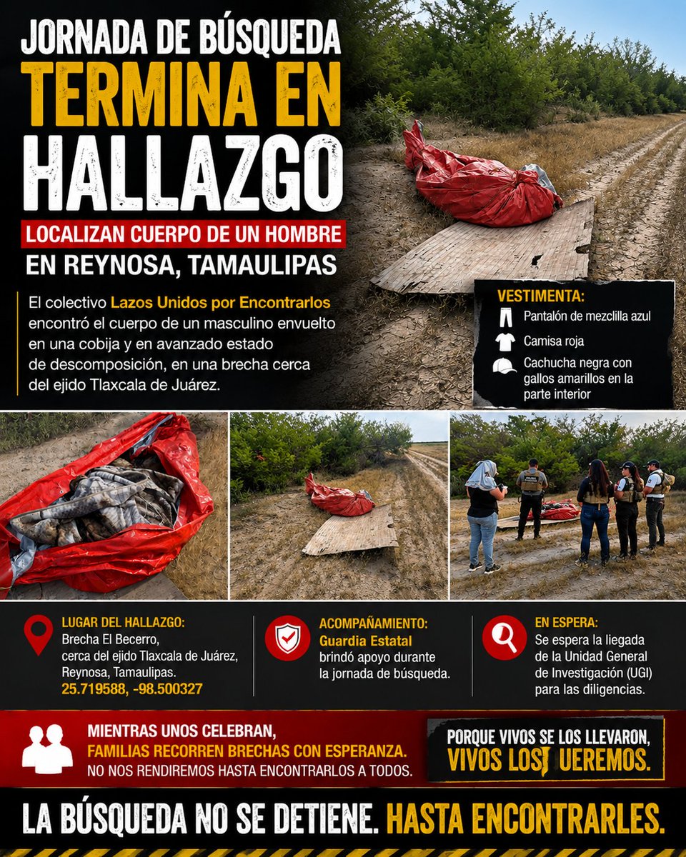 MartinJuarez64's tweet photo. El hallazgo ocurrió en la brecha El Becerro, cerca del ejido Tlaxcala de Juárez, en Reynosa. El colectivo informó que la víctima vestía pantalón de mezclilla azul, camisa roja y cachucha negra con gallos amarillos en el interior. #Tamaulipas https://t.co/qBZGmU53kC
