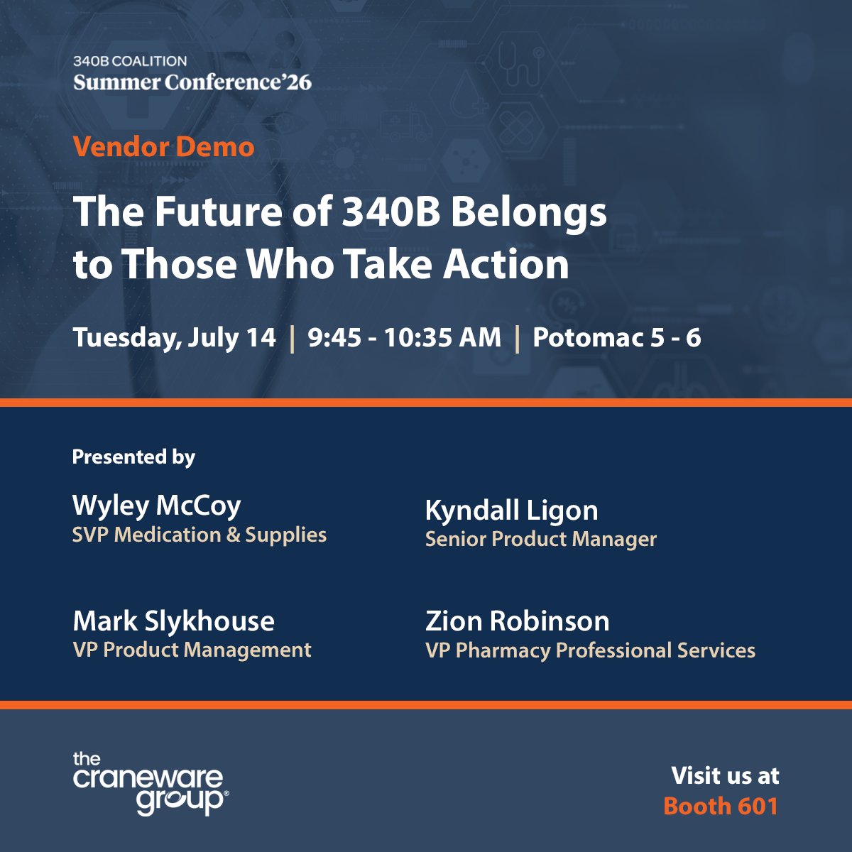 craneware's tweet photo. Coming to @340BCoalition Summer Conference next week? Join @craneware for a live demo of how leading healthcare organizations are taking a more connected approach to medication reimbursement management.

📅 Tuesday, July 14
🕘 9:45–10:35 AM
📍 Potomac 5-6

#340B #340BSC https://t.co/jwErNgdL1A