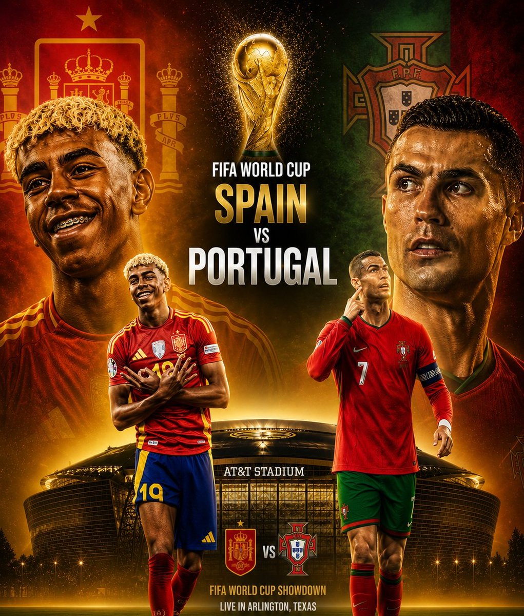 SportseliteX's tweet photo. The stage is set at AT&amp;T Stadium.
@Lamineeyamal__ vs @Cristiano. Spain vs Portugal. One match. One winner. 
Who are you backing? 👀🔥
🇪🇸 or 🇵🇹?
#FIFAWorldCup #Spain #Portugal #LamineYamal #CristianoRonaldo #WorldCup #Football #SportsElitex https://t.co/2s51b3LU9m