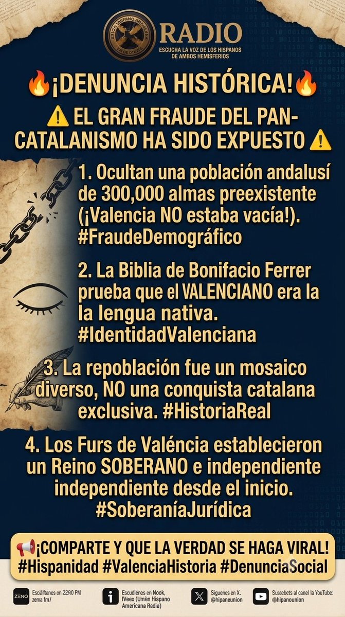 HispanoUnion's tweet photo. La Biblia de Bonifacio Ferrer (s. XV) es la prueba: el valenciano era la lengua materna de un pueblo mestizo, no una importación. 📖 Desmontamos la manipulación histórica que busca borrar nuestra verdadera identidad foral. ¡Infórmate! 👇

#ReinoDeValencia #Historia #Verdad https://t.co/BaVsCCtToX