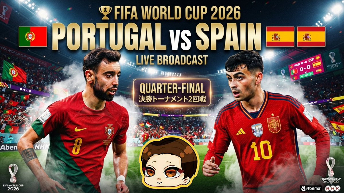 games0815's tweet photo. 【みっちゃんTV配信⚽️】
FIFAワールドカップ2026 決勝トーナメント2回戦 ポルトガル対スペインの配信を開始しました(TV画面は映せないので実況＆解説等の音声のみ)♪
会場はこちら⬇️
みっちゃんTV
https://t.co/d0c7psRnmj

#FIEAワールドカップ2026 
#決勝トーナメント2回戦　
#ポルトガル対スペイン https://t.co/Tg8cIhMKV1