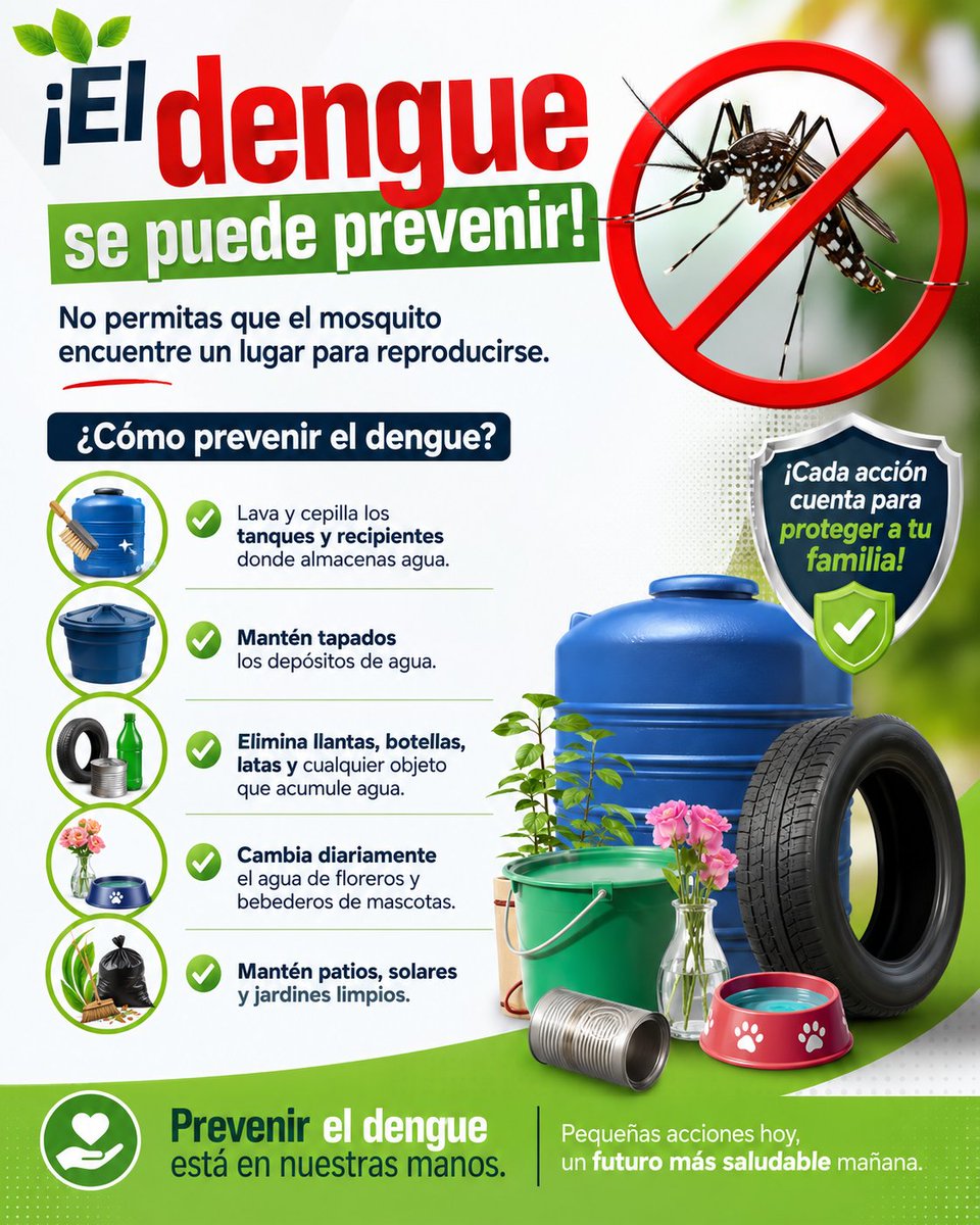 AdmOcamonte's tweet photo. La mejor forma de proteger a tu familia es eliminando los criaderos del mosquito. Revisa y lava los recipientes donde se almacena agua, tapa los tanques, cambia con frecuencia el agua de floreros y bebederos de animales, y evita que se acumule agua en llantas o botellas. https://t.co/6uHne1yZLN