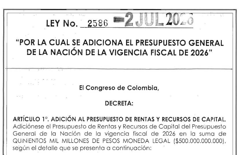 NormatividadCEL's tweet photo. Ley 2586/2026. Se adiciona el Presupuesto General de la Nación vigencia fiscal 2026 https://t.co/NvzqqH0yb3 https://t.co/xf8IBeQ8ja