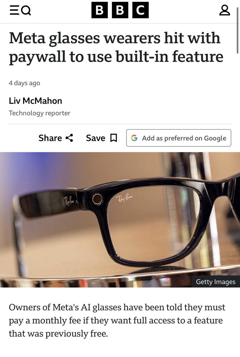FrostedDragonz's tweet photo. @Meta @finkd Blocking Meta glasses features behind a subscription will kill the popularity of this product. Especially something like a persons prescription glasses that’s a hard NO! Don’t do it❌🙅‍♂️ https://t.co/KAjv5M3P9f