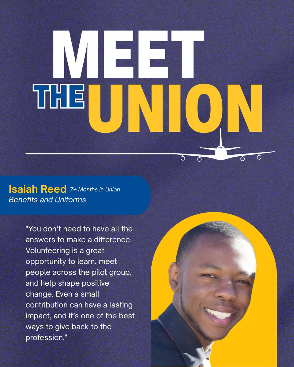 IBTLocal357's tweet photo. Meet the Union Monday

Meet Isaiah Reed, an LGA First Officer and member of our Benefits and Uniform Committee.

Isaiah volunteers because he cares about his fellow pilots and wants to help improve the benefits that impact them every day.

#MeetTheUnionMonday #TeamstersLocal357 https://t.co/aPJrp9G065