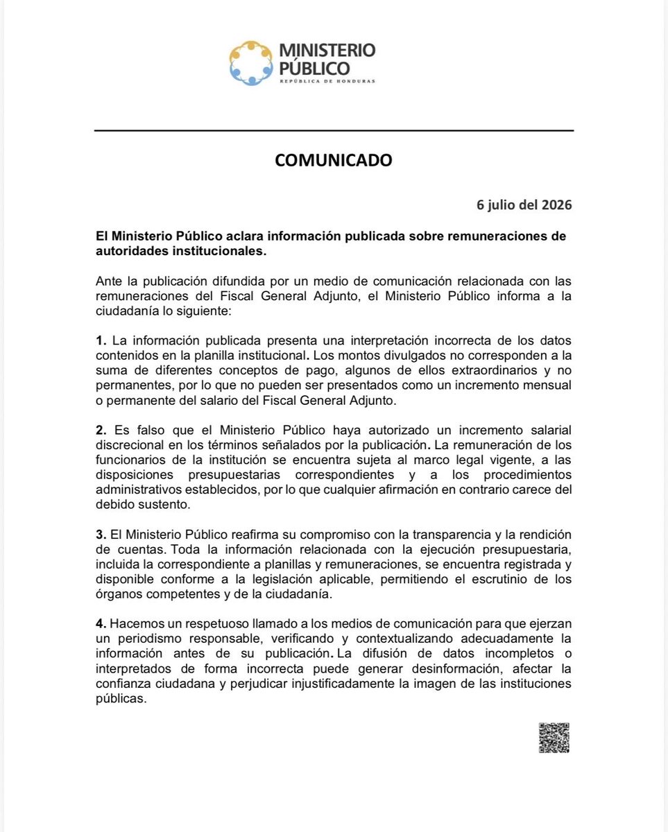 RCVHonduras's tweet photo. 🚨 Ministerio Público niega aumento salarial del Fiscal General Adjunto
El Ministerio Público emitió un comunicado para desmentir las versiones sobre un supuesto incremento salarial del Fiscal General Adjunto.
#Honduras #MinisterioPúblico #MP #FiscalGeneral #FiscalGeneralAdjunto