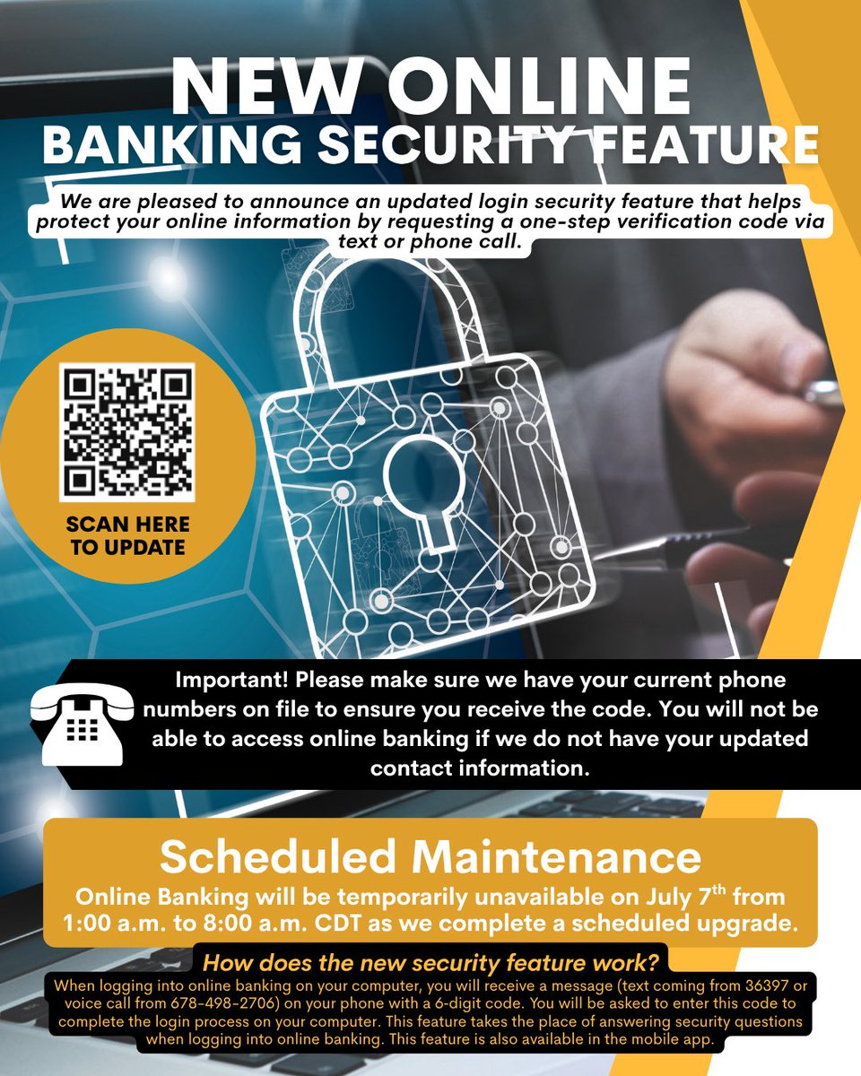 bpfedcu's tweet photo. 🔐 New Online Banking Security is coming! When you log in, you'll receive a one-time 6-digit verification code by text or phone call.

📲 Scan the QR code to verify or update your phone number.

Scheduled Maintenance: July 7, 1–8 a.m. CDT.

#mybpfcu https://t.co/hD2KX8SgGj