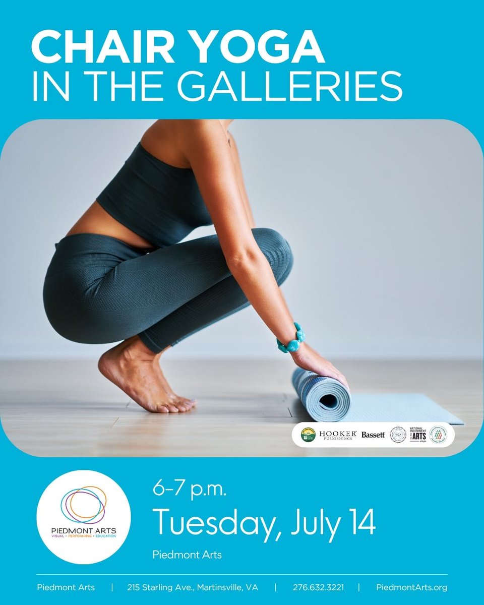 PiedmontArts's tweet photo. Mark your calendars for a special Chair Yoga in the Galleries class next Tuesday, July 14, from 6-7 pm.

#PiedmontArts #YogaClass #ChairYoga #MartinsvilleVA https://t.co/VfTxCEfPLg