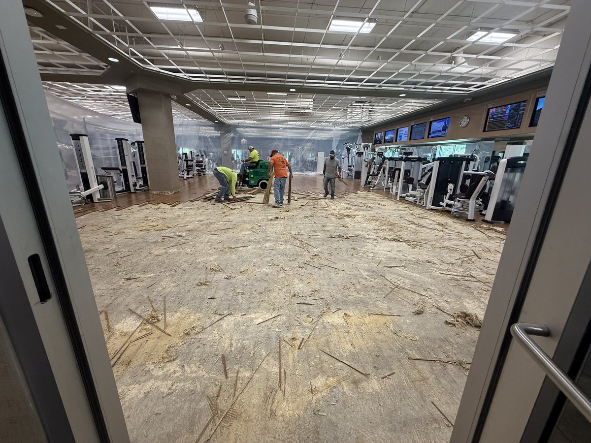DeanoSalter's tweet photo. Started singing 🎶 10 MEN AT THE AZTECA 🎶 to the Mexican firm refurbishing our gym….

Now our gym has no floor, please advise… https://t.co/70qzK68Q2j