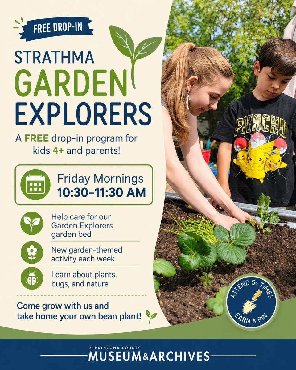 strathcomuseum's tweet photo. 🌱 Garden Explorers Spotlight!
Join us Friday mornings for a free drop-in program for kids 4+ and parents. Each week features a new garden or nature-themed activity.
Fridays | 10:30–11:30 AM
Attend 5+ times and earn a pin!
#Strathma #GardenExplorers #SherwoodPark #FamilyFun https://t.co/w0UCkhTd2w