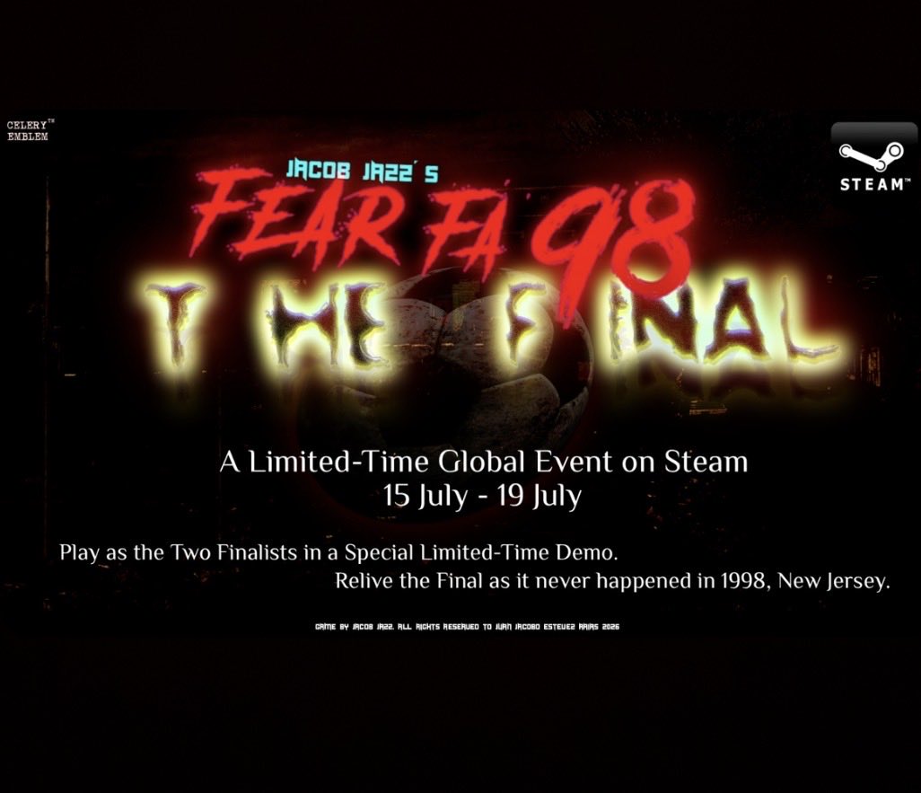 CeleryEmblem's tweet photo. 🚨 CALL FOR STREAMERS, PRESS & CONTENT CREATORS 🚨

The WORLD CUP FINAL is almost here,,
So i´m crafting something completely insane.
FEAR FA 98: THE FINAL is a limited-time global Steam event available only between the FIFA World Cup semifinals and the Grand Final.
Once the two country finalists are decided, they'll become playable in a special demo where they'll face each other once again... inside Scrimm Hamlet Stadium, New Jersey, 1998.

SO,

If you're a streamer, YouTuber, journalist, creator or horror fan, just DM for more special info and stuff! 
The demo will only be available for a few days before disappearing.

NO YELLOW CARDS, NO RED CARDS, ONLY BLACK ONES! STRAIGHT TO HELL!!! FEAR FA 98! THE FINAL!!!! #worldcup #worldcupdaily #spain #portugal