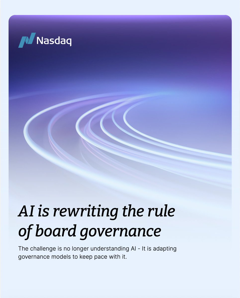 NasdaqExchange's tweet photo. Insights from @Nasdaq's 2026 Future of the Boardroom Forum explore how boards can adapt governance models to keep pace with AI-driven change in an increasingly dynamic operating environment.

Read more: https://t.co/68TOfarr82 https://t.co/zfipKC1nZN