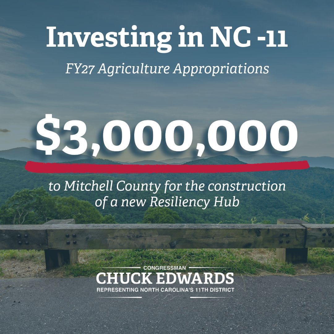 RepChuckEdwards's tweet photo. Through @HouseAppropsGOP, we secured funding to develop a countywide Resiliency Hub that will improve disaster preparedness, expand emergency shelter and feeding capabilities, and support long-term recovery efforts.

As the only North Carolina appropriator, I’ll keep fighting to deliver the resources NC-11 needs to recover, rebuild, and grow. ⛰️

Let’s get these bills across the finish line to lock in this funding for WNC!