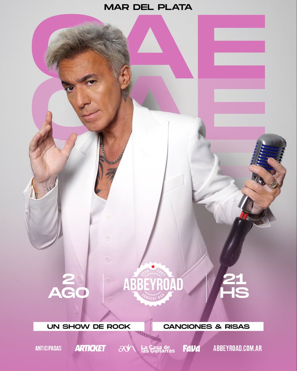 CaeRocklover's tweet photo. 2 de Agosto en Mar del Plata 
CAE en vivo en Abbey Road con nuevo show de Clásicos, canciones prestadas y stand up! Una noche junto al Zoolander del rock y su banda. 
Anticipadas 
☎️📲 ó ✅️ Whatsappeanos
al (223) 560-4000 https://t.co/uFpwmmFu5K