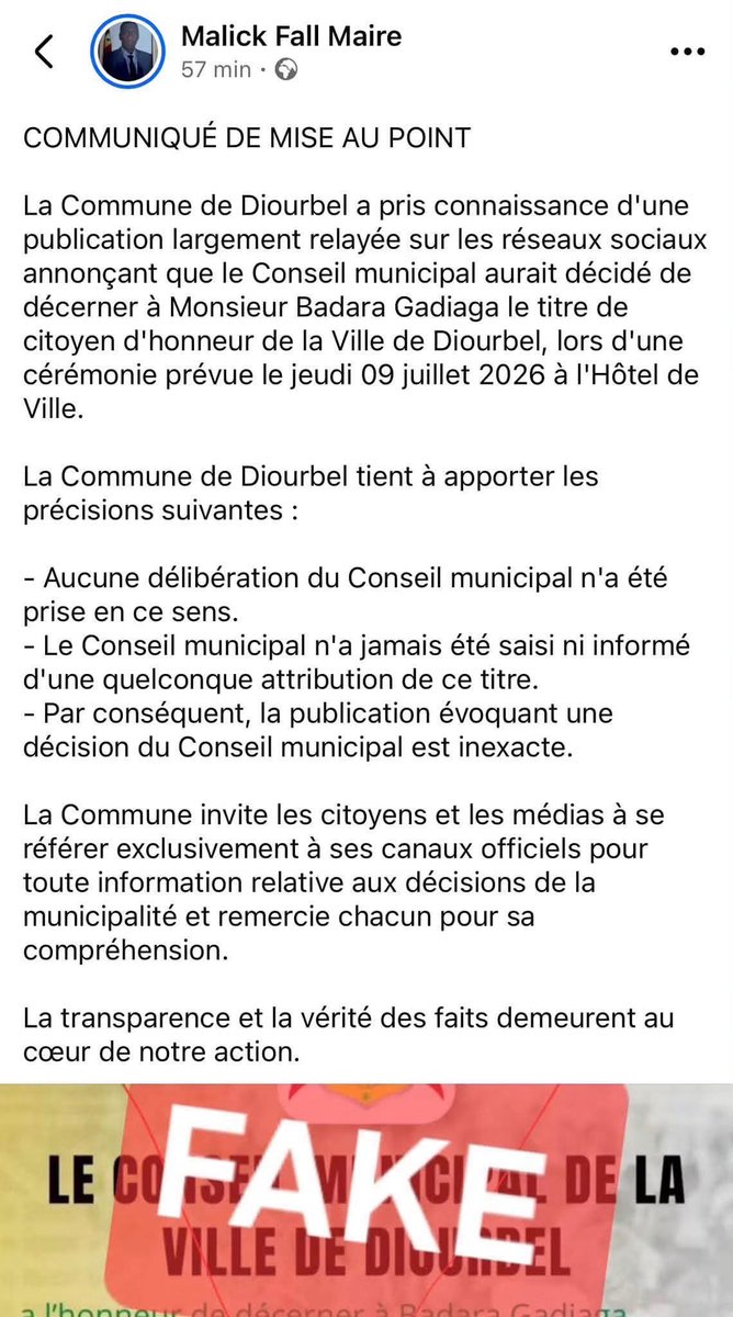 Noo_IDcard's tweet photo. 🚨 Diourbel : la mairie dément officiellement.

La Commune de Diourbel affirme que le Conseil municipal n’a jamais décidé d’attribuer à Badara Gadiaga le titre de citoyen d’honneur. 

Selon le communiqué, aucune délibération n’a été prise, le Conseil n’a jamais été saisi de cette question et les informations relayées sur les réseaux sociaux sont qualifiées d’inexactes.

Information relayé par le média @senegal7com .