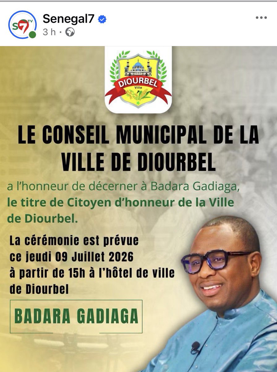 Noo_IDcard's tweet photo. 🚨 Diourbel : la mairie dément officiellement.

La Commune de Diourbel affirme que le Conseil municipal n’a jamais décidé d’attribuer à Badara Gadiaga le titre de citoyen d’honneur. 

Selon le communiqué, aucune délibération n’a été prise, le Conseil n’a jamais été saisi de cette question et les informations relayées sur les réseaux sociaux sont qualifiées d’inexactes.

Information relayé par le média @senegal7com .