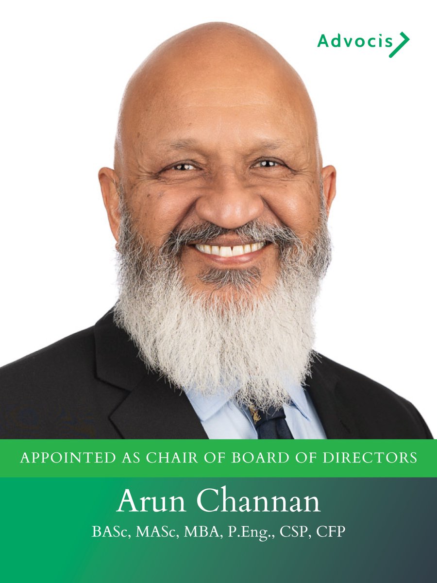 Advocis's tweet photo. We are pleased to announce Arun Channan, BASc, MASc, MBA, P.Eng., CSP, CFP, as the new Chair of the TFAAC Board of Directors at Advocis. https://t.co/J73VNktmiI