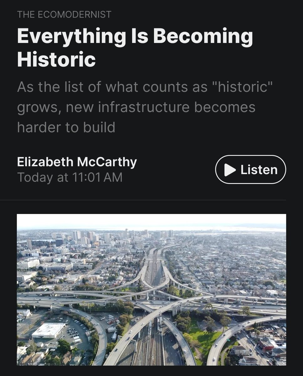 BenSchifman's tweet photo. "In early 2005, one of the largest public works projects in American history was about to age into eligibility for the National Register for Historic Places. The Interstate Highway system...would reach its 50th birthday in June 2006—the age at which federal law considers a place as potentially historic...

Treated as eligible, the system’s 46,700 miles would trigger historic review for every federally funded repaving and guardrail replacement project."