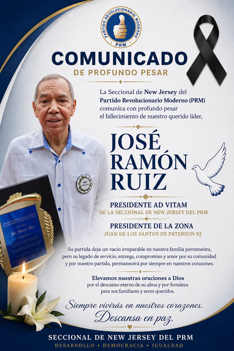 MDuran9999's tweet photo. Lamentamos profundamente el fallecimiento del compañero José Ramón Ruiz, un verdadero roble de nuestro partido y referente histórico del perremeísmo en el exterior.

Toda una vida de lucha, entrega y servicio.

Nuestros pensamientos y oraciones están con su familia.
Paz a su alma https://t.co/VBmdDiisqL