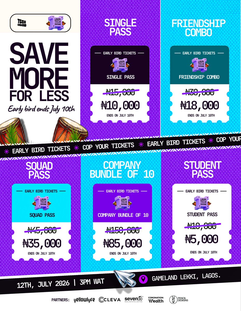 techunwindng's tweet photo. What’s better than attending The Lagos Tech Owambe? It’s getting your ticket at the Early Bird price.

Whether you’re coming solo, or bringing your bestie, we’ve got you!
No matter how you’re showing up, there’s a ticket option that fits.

Early Bird ends July 10. 
Link in bio https://t.co/8CWohFW5JU