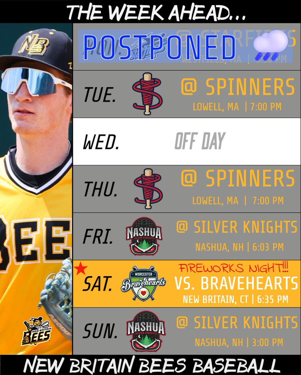 NewBritainBees's tweet photo. Tonight's game is postponed, but a look ahead to the rest of the week including fireworks on Saturday night!
#GoBees | #FuturesLeague https://t.co/vI1sQtjz3I