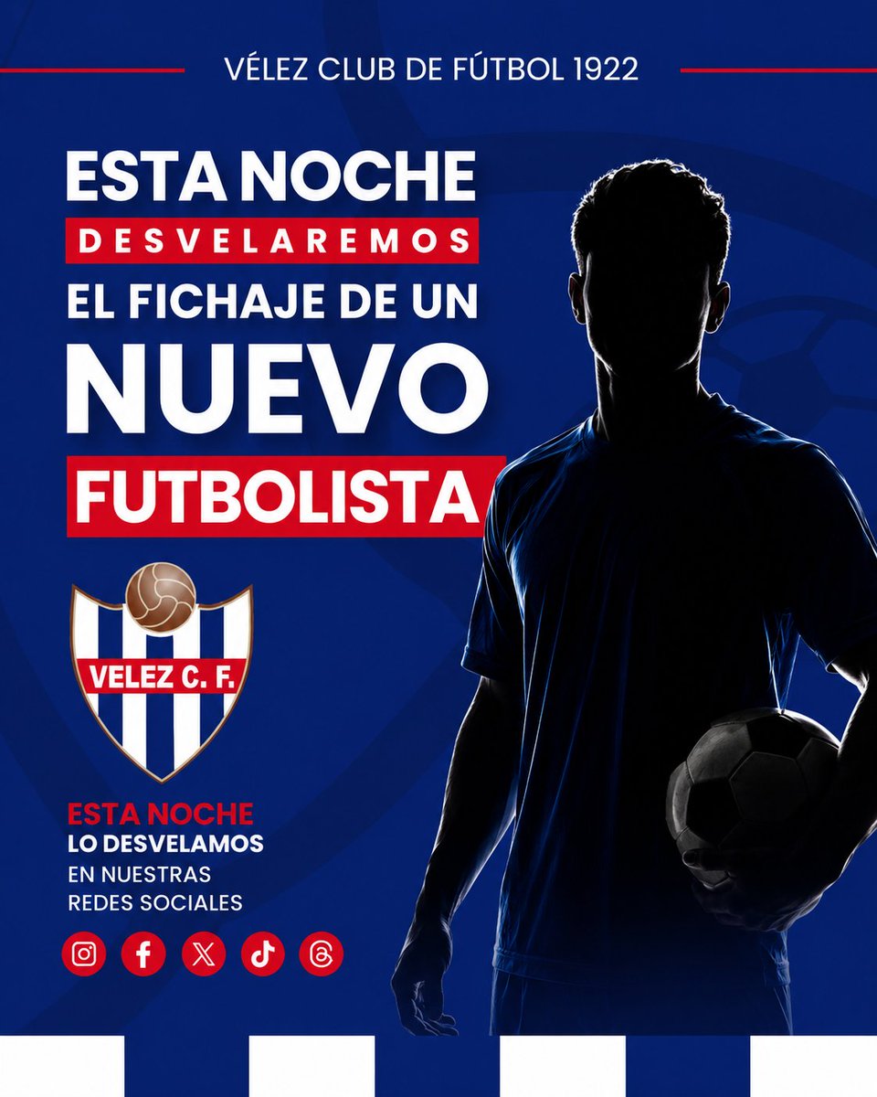 vcf_1922's tweet photo. 👀 Esta noche desvelamos un nuevo fichaje.

Un nuevo futbolista se une al proyecto del Vélez C.F. 1922 para la temporada 2026/27.

⏰ Esta noche conocerás su identidad.

#VamosVélez https://t.co/Ml5IGBjaW7