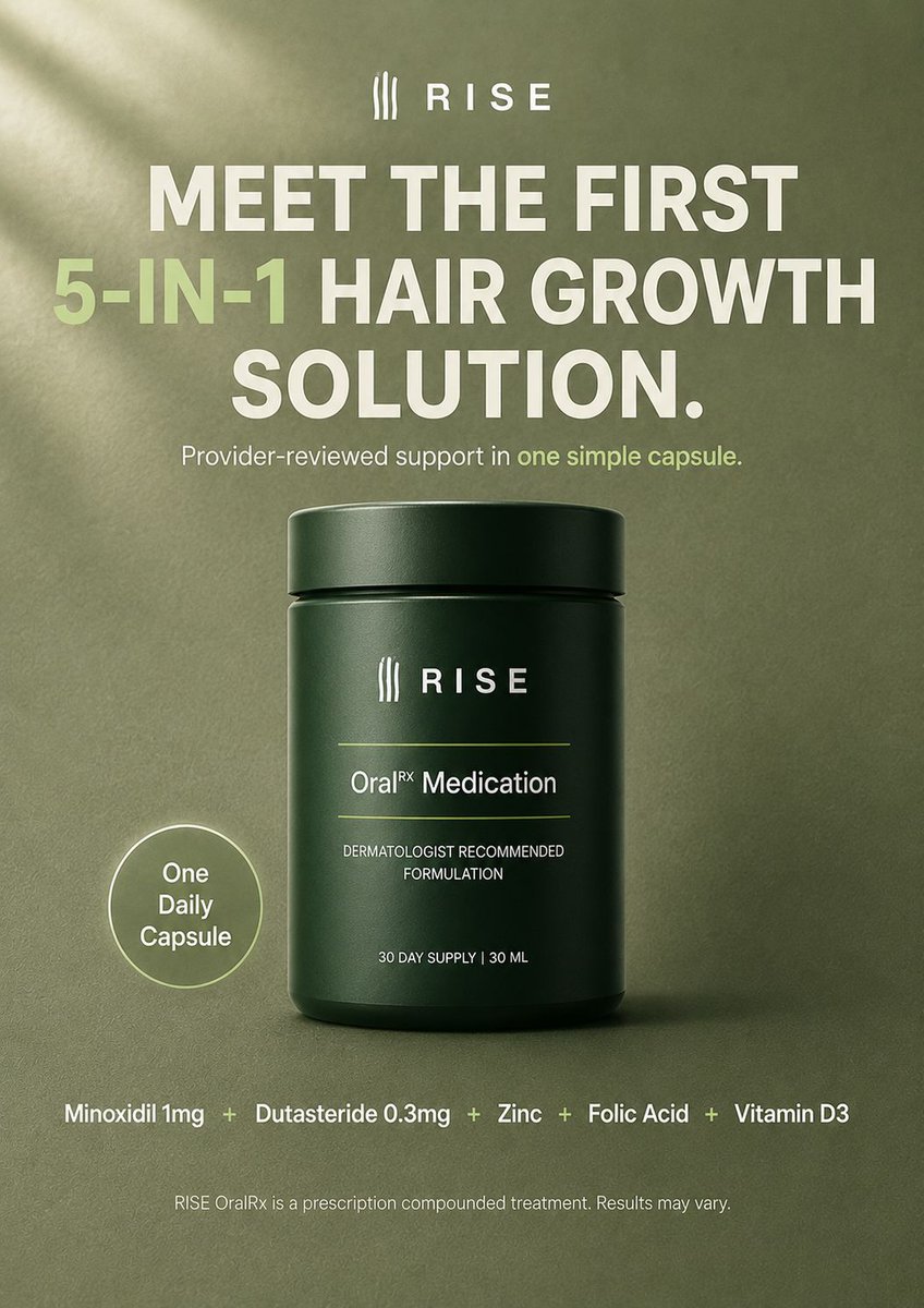 tryriseofficial's tweet photo. One capsule. Five clinically selected ingredients. Prescription compounded to simplify your hair growth routine.

Start with a free online consultation through the link in our bio.

#HairGrowth #HairLoss #HairRegrowth #MensHair #HairCare #Minoxidil #Dutasteride #HealthyHair https://t.co/2AwjFwmOFe