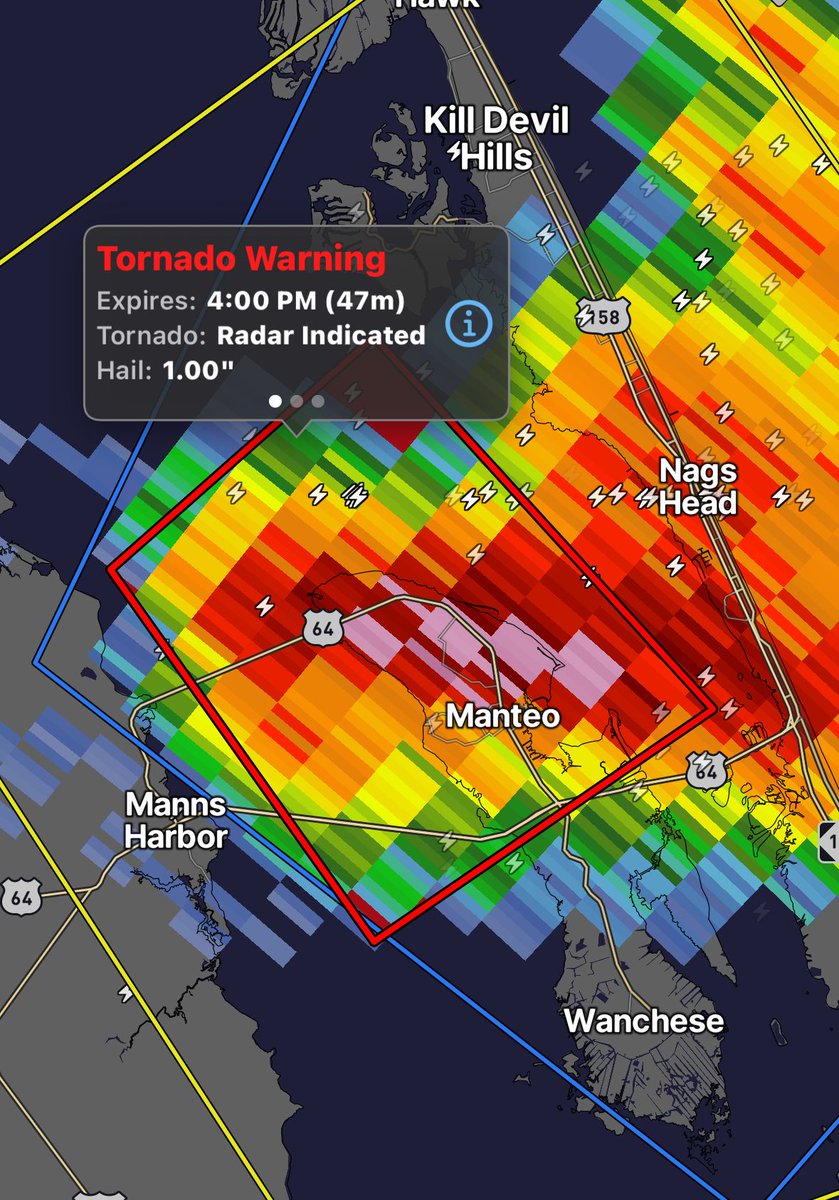 MaxVelocityWX's tweet photo. TORNADO WARNING for Manteo, North Carolina!

Take shelter now if you’re in this warning!

@WxFront https://t.co/YLsQiIyMJE
