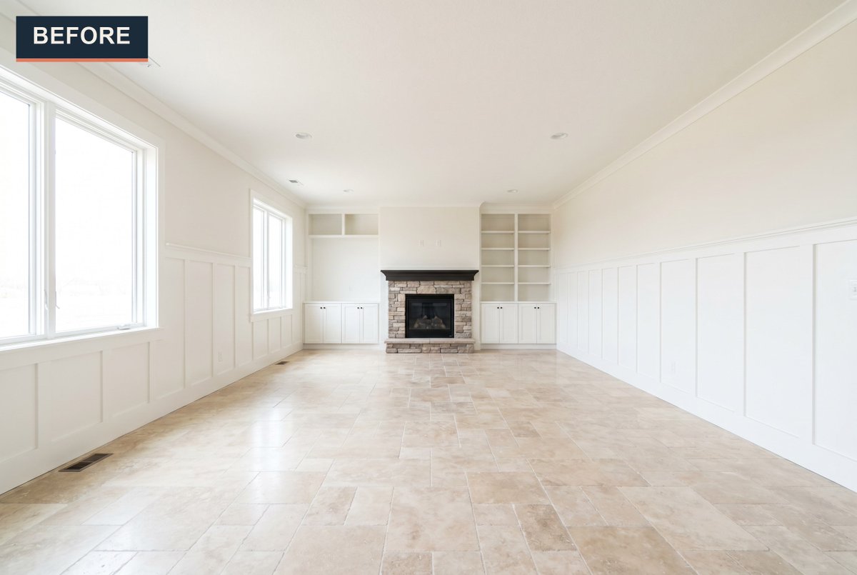 Staging_Studio's tweet photo. Those built-ins and stone fireplace deserved a room to match. A tufted Chesterfield, Persian rug, mahogany accent chairs, and gold-framed landscapes turned bare travertine floors into a refined, welcoming living room. #VirtualStaging #RealEstateMarketing #RealEstatePhotography https://t.co/RqHAH7rk1x