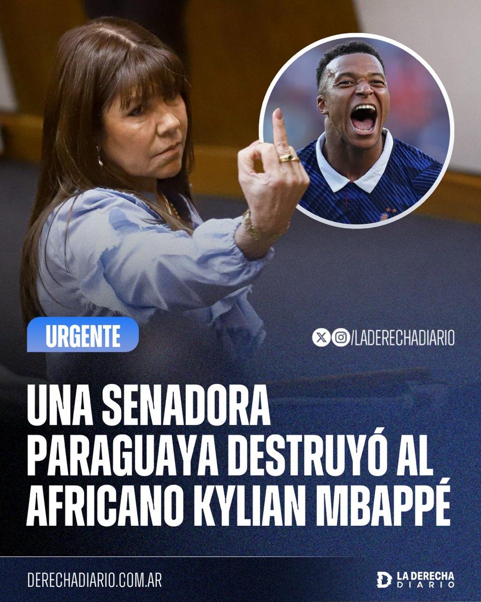 laderechadiario's tweet photo. 🚨🇵🇾 | BASADA: La senadora paraguaya Celeste Amarilla destruyó al futbolista africano Kylian Mbappé, definiéndolo a la perfección.

"Camerunés colonizado, fingiendo duro ser francés, resentido, rico nuevo, prepotente y feo. En vez de leche materna chupaba cocos y lo más instruido que escuchó eran chimpancés".

"Lo único que muchos reclamamos a la Albirroja es no haberle dado una bofetada de mano abierta después de que terminó el partido".