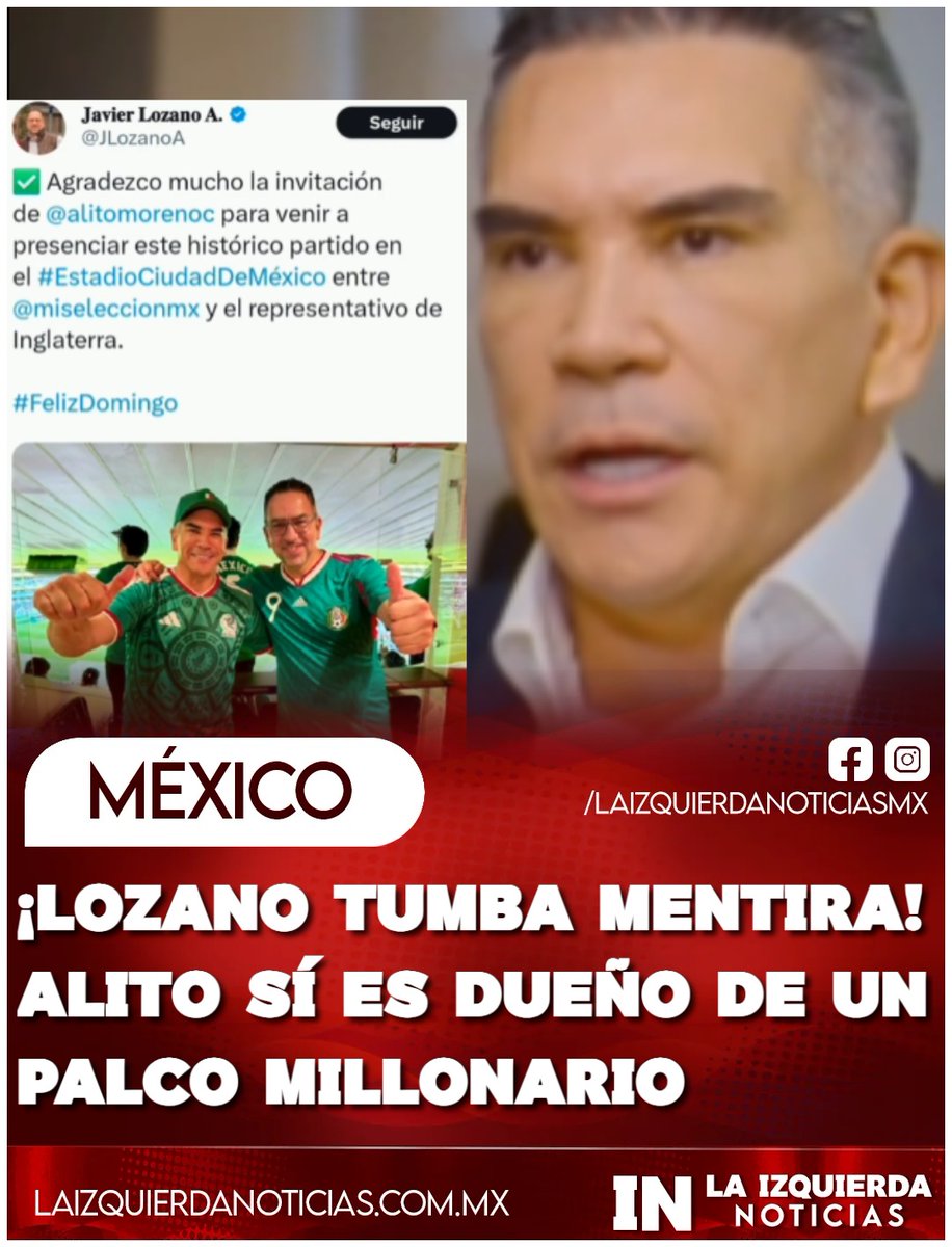 IzqNoticiasMx's tweet photo. ¡EXHIBIDO! El "Zanganito" Moreno le había dicho a Lourdes Mendoza en una entrevista que a él y a toda su familia los habían "invitado" a un palco en el Estadio Azteca. Pero se le cayó el cuento: su compadre priista Javier Lozano le agradeció públicamente la invitación al palco vip. O sea, el este espacio millonario es de Alito, y con dinero del erario que se le da al PRI pasea a toda la familia.