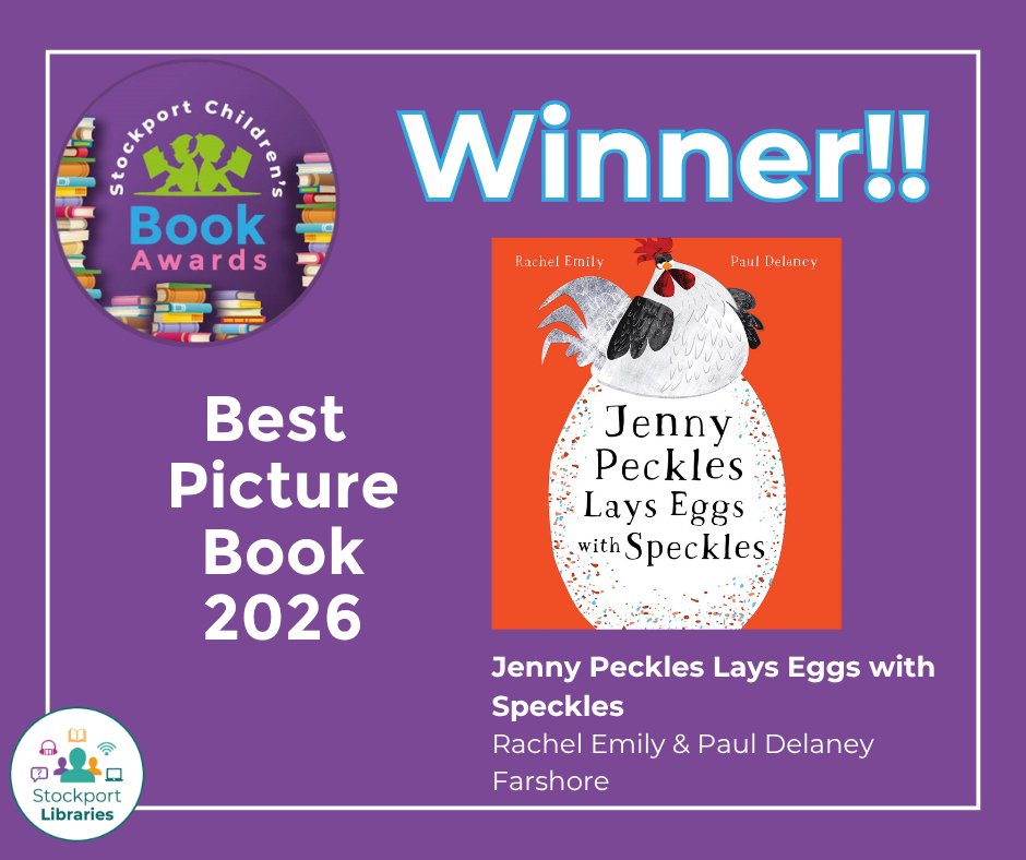SMBC_Libraries's tweet photo. 🎉  And the WINNER for Best Picture Book 🎉 
in the Stockport Children's Book Awards 2026 is

Jenny Peckles Lays Eggs with Speckles
by Racel Emily, illustrated by Paul Delaney

Congratulations!!! https://t.co/jmtFaJ95EO