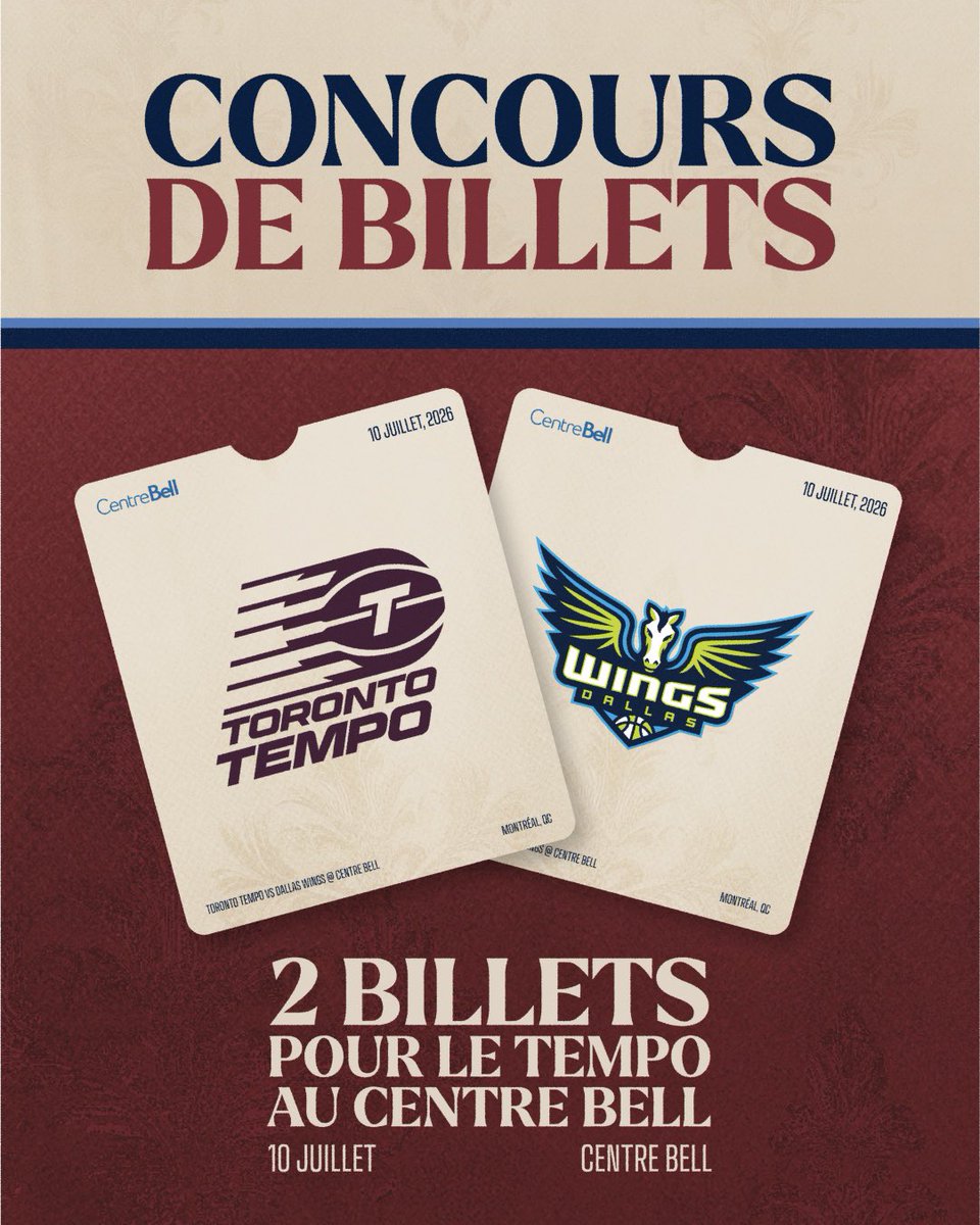 PWHL_Montreal's tweet photo. 🚨 CONCOURS | Gagnez 2 billets pour le Tempo de Toronto au Centre Bell! 🏀

Le @TempoBasketball débarque à Montréal le 10 et 12 juillet, et vous pourriez être de la partie!

🎟️ 10 juillet vs Dallas : participez ici → https://t.co/TYd40gDIWI
🎟️ 12 juillet vs New York : participez ici → https://t.co/akcq2uM9eX

Participez dès maintenant et tentez votre chance de vivre l'expérience au Centre Bell!