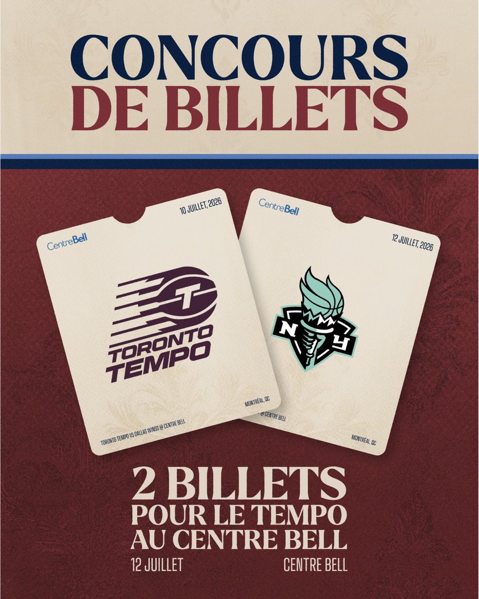 PWHL_Montreal's tweet photo. 🚨 CONCOURS | Gagnez 2 billets pour le Tempo de Toronto au Centre Bell! 🏀

Le @TempoBasketball débarque à Montréal le 10 et 12 juillet, et vous pourriez être de la partie!

🎟️ 10 juillet vs Dallas : participez ici → https://t.co/TYd40gDIWI
🎟️ 12 juillet vs New York : participez ici → https://t.co/akcq2uM9eX

Participez dès maintenant et tentez votre chance de vivre l'expérience au Centre Bell!