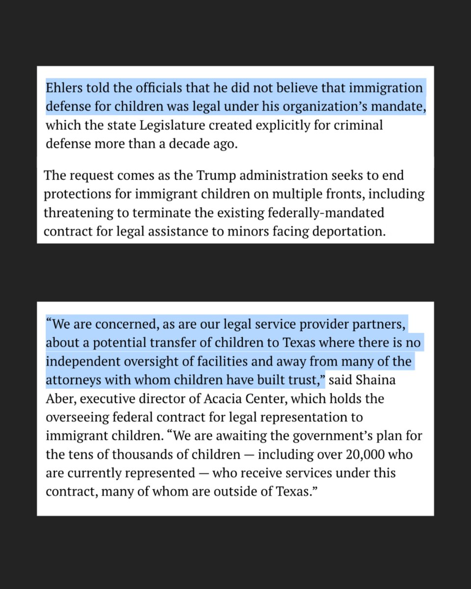 LetKidsThrive's tweet photo. [1] The Trump Administration is trying to return children to the harms they fled.

@TexasTribune outlines how the administration is chipping away at laws protecting kids seeking safety in the U.S. Plans are underway to relocate them to Texas to be able to deport them more rapidly https://t.co/IhqWDZ6j8j