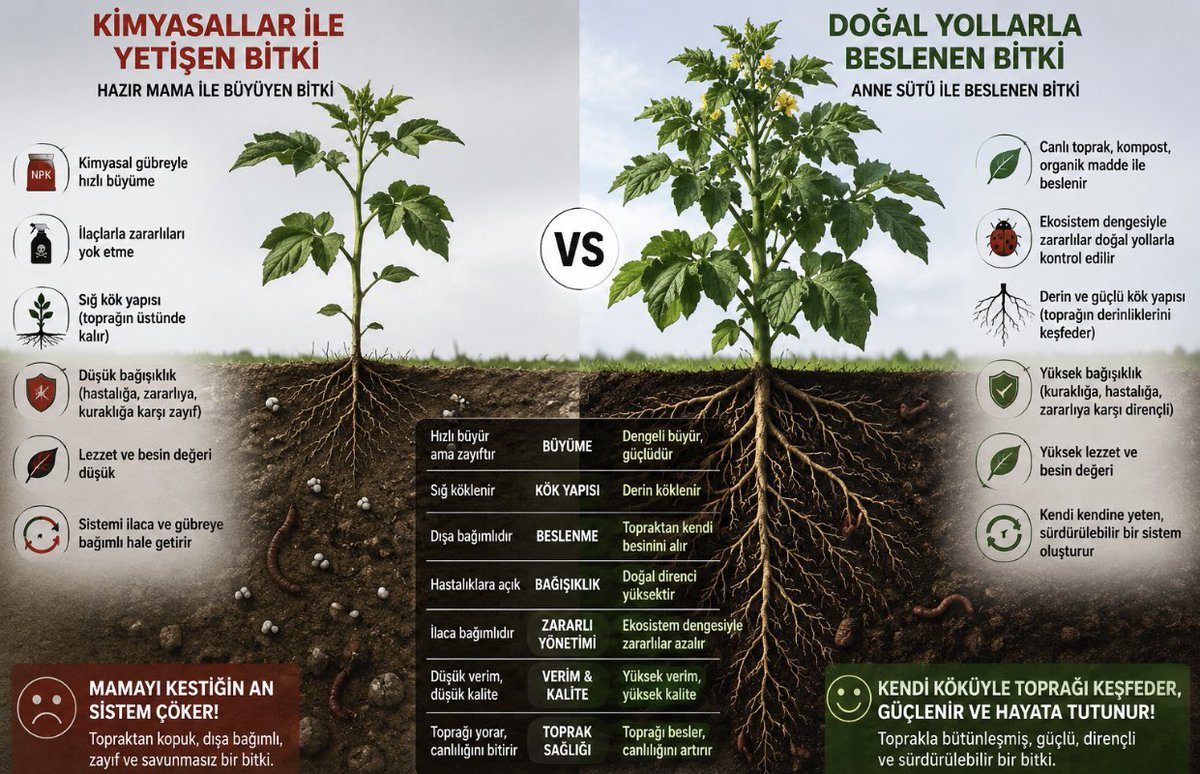 mehmettuluce51's tweet photo. Hazır fide ile kimyasal gübre/ilaç kullanan tarım, bitkiler için 'hazır mama' modelidir. 

Bitki büyür belki ama o mamayı kestiğiniz an sistem çöker. Çünkü o bitki, toprağın derinliklerindeki o gerçek 'anne sütüyle' beslenmemiştir.

Çekirdekten yetişen, şaşırtılmayan bitki ise anne sütüyle beslenen bebektir. Kendi bağışıklığını kendi kurar; zararlıya, kuraklığa ve hastalığa karşı dirençlidir.

Doğal tarım, bitkinin kendi köküyle toprağı keşfetmesine izin vermektir.