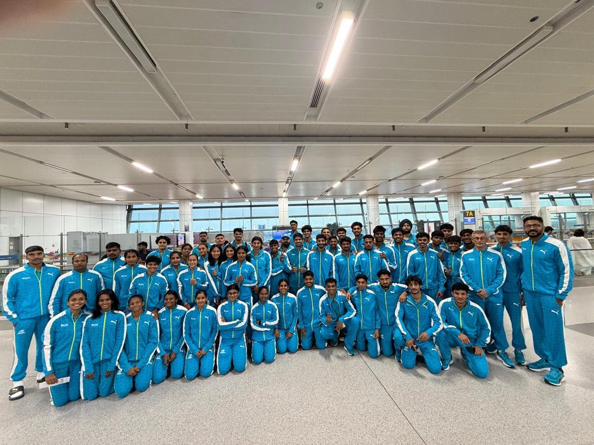 Media_SAI's tweet photo. 🇮🇳✈️ Wishing Team India the very best as they depart for Ordos, China, to compete at the Asian U23 Athletics Championships 2026! 🏃‍♀️🏃‍♂️

From 9–12 July, our young athletes will take on Asia's finest, carrying the hopes of a nation with every stride, jump, and throw. 💪🔥

Go make India proud! 🇮🇳🌟

#AsianU23Athletics #TeamIndia #Athletics #RoadToGlory