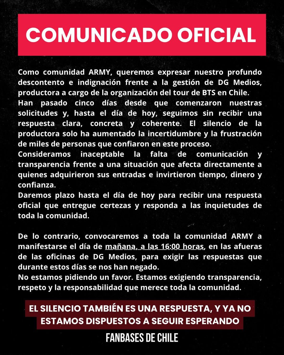 BTSXRADIOSCHILE's tweet photo. Han pasado cinco días y seguimos sin respuestas claras. Como comunidad, exigimos transparencia, respeto y una comunicación oficial. Si el silencio continúa, nos volveremos a manifestar. 🇨🇱💜🚨

#BTSALNACIONAL #BTSENCHILE #BTSCHILE #QUEREMOSABTSENELNACIONAL https://t.co/K2ueZ9oQFs