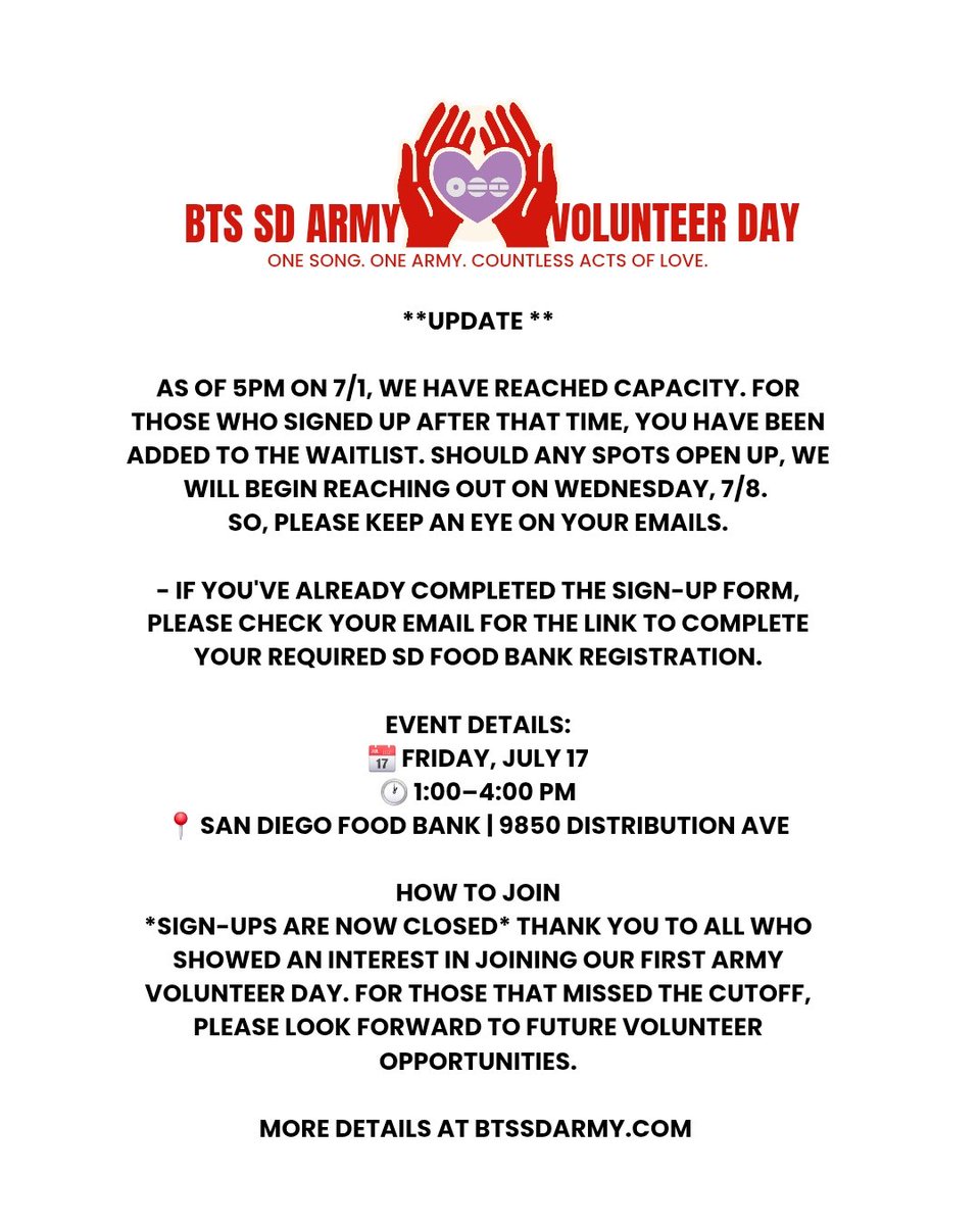 BTSSDARMY's tweet photo. UPDATE: BTS ARMY VOLUNTEER DAY
Thank you to all who showed interest in joining our 1st ARMY Volunteer Day. For those that missed cutoff, pls look forward to future volunteer opportunities.
#BTS #BTSARMY #ARMYGivesBack #armyday2026 #BTS_ARİRANG #México https://t.co/zQ3Z4kOhzu