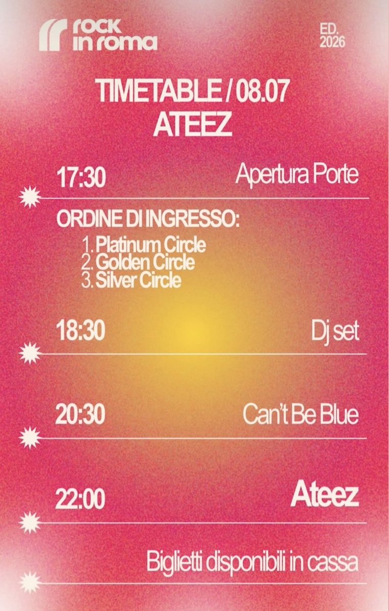 mir_aax's tweet photo. according to rock in roma's official website and insta story, ateez's slot is on 8/7 (wed) @ 10 pm cest | 9/7 (thu) @ 5 am kst 💗 https://t.co/f35iGhioG2