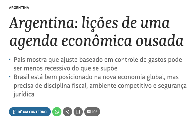 opapoeconomico's tweet photo. Argentina cortou gasto público em 5 pontos do PIB. Transformou déficit de 5% em superávit pela primeira vez em 15 anos. Inflação saiu de 200% ao ano pra menos de 3% ao mês. Risco-país caiu de 2.000 pra menos de 500 pontos.

E o PIB? Cresceu 4,4% em 2025 depois de uma contração inicial. Projeção pra 2026: 3,5%. O ajuste pelo lado do gasto não foi recessivo. Foi expansionista.

O resultado mais brutal é social: pobreza caiu de 52,9% pra 28,2%. Porque inflação é o imposto mais regressivo que existe. Quem mais sofria era quem menos tinha.

Foram 15.500 normas revogadas. Internet via satélite que era proibida por lobby agora tem 3 milhões de usuários. Aluguéis caíram 30% em termos reais quando tiraram o controle de preço. Exportações subiram 34%. Taxa de homicídios é a menor da América do Sul.

E o Brasil? Tem tudo que a Argentina não tinha: energia renovável abundante, reservas minerais estratégicas, posição privilegiada na nova economia global. Mas falta o que a Argentina está tentando construir: disciplina fiscal, ambiente competitivo e segurança jurídica.

O diagnóstico todo mundo sabe. O que falta é a coragem de agir. A Argentina agiu. Os números estão aí.
