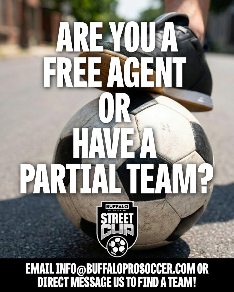 BUFProSoccer's tweet photo. Say less — we got you. 📣
Many of you are free agents or short a few players for the Buffalo Pro Soccer Street Cup — so we're stepping in to help.
🗓️July 18
🏙️Downtown Buffalo
📩Email info@buffalosoccer.com or DM us and we'll get you on a team.
Who needs a squad?😏
#Bufffalo https://t.co/3j5mMfUmgw
