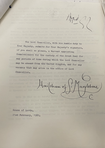 JasonLoch's tweet photo. The dating of Letters Patent can be flexible. The Warrant for the 1980 Great Seal Commission was submitted to Queen Elizabeth II on February 21. While she signed it by February 26, the subsequent Letters Patent were dated March 6 [LCO 6/3932]. https://t.co/1nEeOqWurB