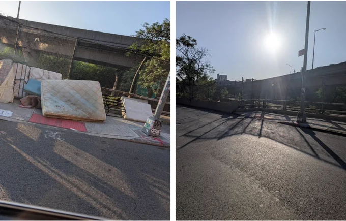 A before and after image. On the left are multiple mattresses on the side of a road. On the right, they are removed from that road. 