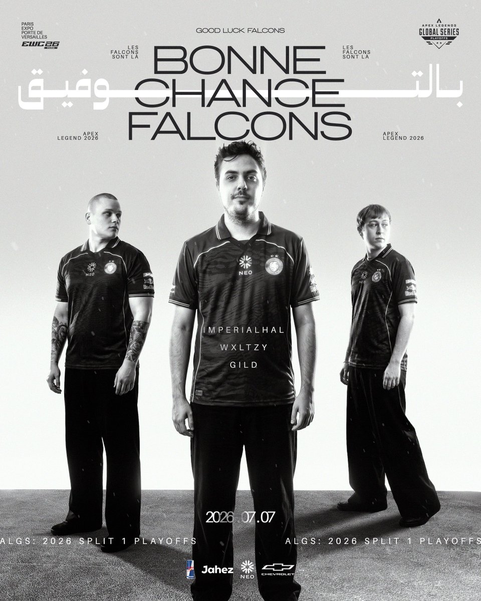 FalconsEsport's tweet photo. Good luck to our Apex squad at EWC. Time to show everyone why you earned your spot

لنسجل حضورنا بقوة! 🔥 — كُل التوفيق لصقورنا غدًا من بطولة #EWC للعبة أبيكس ليجندز 🇫🇷

— البداية ستكون عند الساعة 1:30 ظهرًا 🕐

#FalconsAreHere - #EWC26 https://t.co/ro96vqGEyl