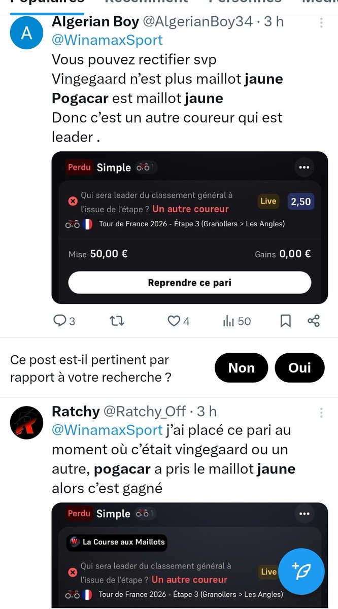 daryllkump's tweet photo. @ANJ_FR 
Je souhaite attirer votre attention sur un litige concernant un pari proposé par Winamax à l'occasion de la 3ᵉ étape du Tour de France 2026.
Le marché concernait le maillot jaune à l'issue de l'étape. https://t.co/ifkJ5abnh3