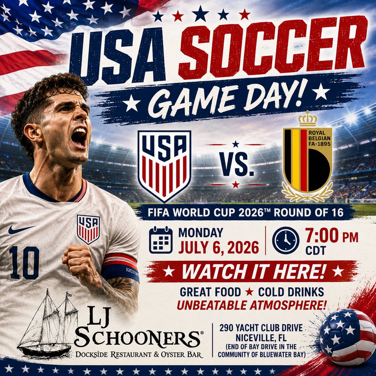 ParadiseMarket8's tweet photo. π· IT'S MATCH DAY! π·
Tonight USA VS Belgium in the FIFA World Cup Round of 16! Cheer on Team USA with fellow fans.
LJ Schooners Oyster Bar
Kickoff: 7PM
Wear your red, white, & blue and let's cheer the USA on to the Quarterfinals!
#USASoccer #WorldCup2026 #LetsGoUSA #LJSchooners https://t.co/6Gk1wKpcly